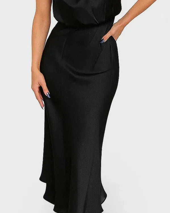 Wedding Guest Dress – Dark Red Halter Satin Maxi - Black detail