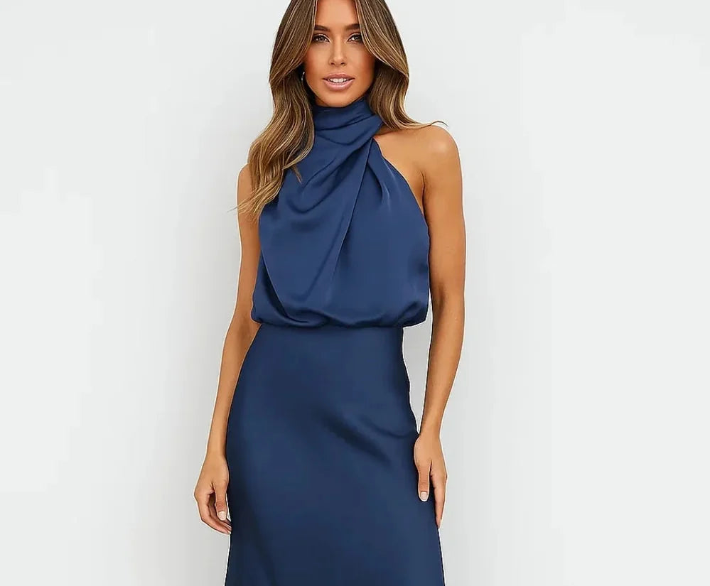 Wedding Guest Dress – Dark Red Halter Satin Maxi - Dark Blue detail