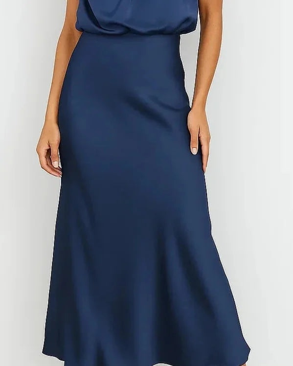 Wedding Guest Dress – Dark Red Halter Satin Maxi - Dark Blue detail