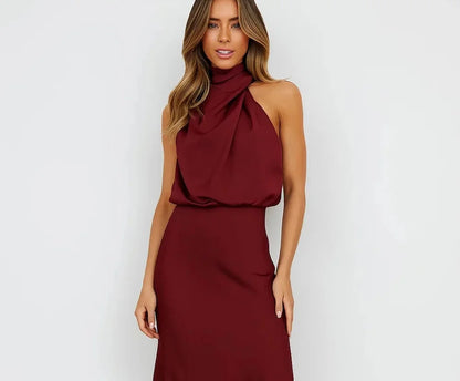 Wedding Guest Dress – Dark Red Halter Satin Maxi - Dark Red detail