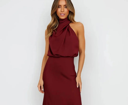 Wedding Guest Dress – Dark Red Halter Satin Maxi - Dark Red detail