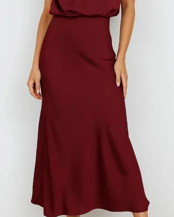 Wedding Guest Dress – Dark Red Halter Satin Maxi - Dark Red detail