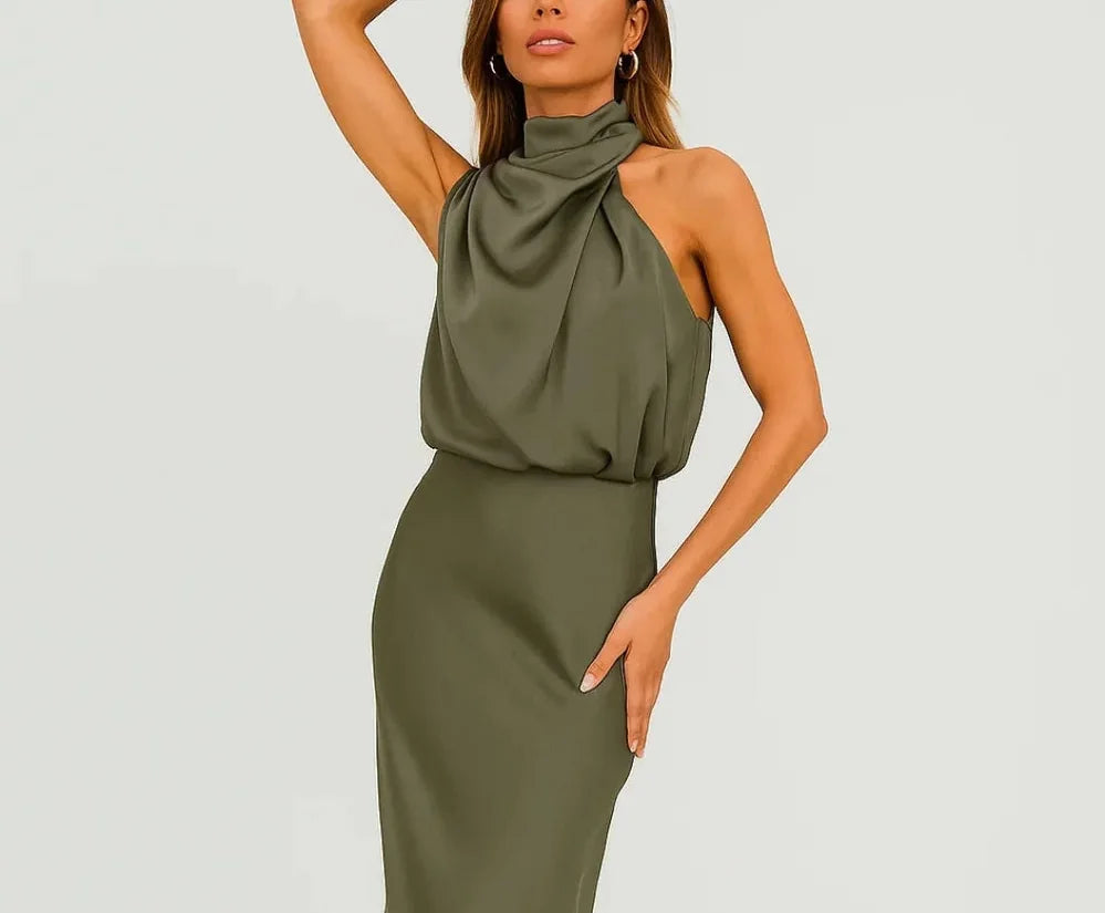 Wedding Guest Dress – Dark Red Halter Satin Maxi - Green detail
