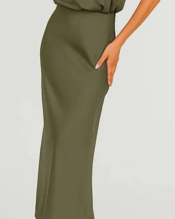 Wedding Guest Dress – Dark Red Halter Satin Maxi - Green detail
