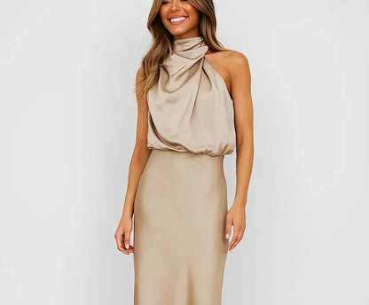 Wedding Guest Dress – Dark Red Halter Satin Maxi - Khaki detail