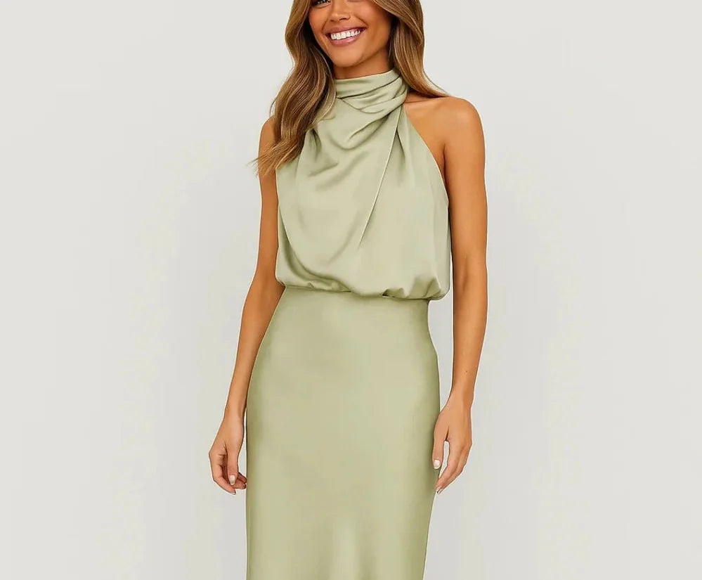 Wedding Guest Dress – Dark Red Halter Satin Maxi - Light Green detail