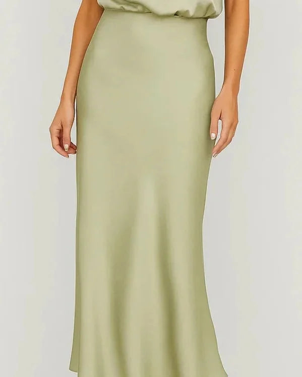 Wedding Guest Dress – Dark Red Halter Satin Maxi - Light Green detail