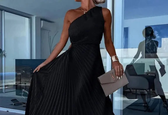Wedding Guest Dress – Red One-Shoulder Pleated Maxi - Black detail