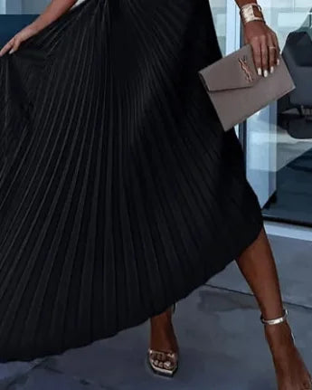 Wedding Guest Dress – Red One-Shoulder Pleated Maxi - Black detail