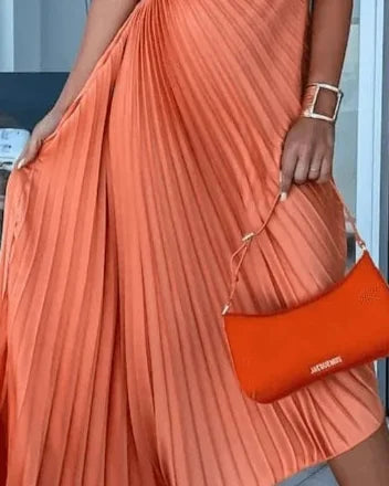 Wedding Guest Dress – Red One-Shoulder Pleated Maxi - Orange detail