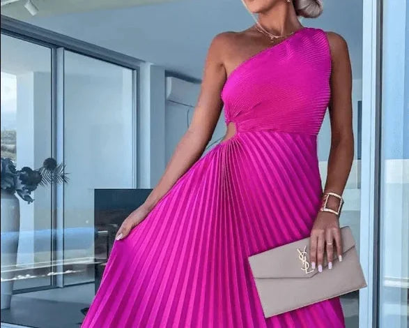 Wedding Guest Dress – Red One-Shoulder Pleated Maxi - Pink detail