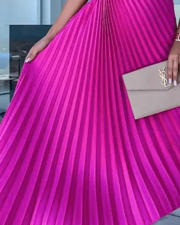 Wedding Guest Dress – Red One-Shoulder Pleated Maxi - Pink detail