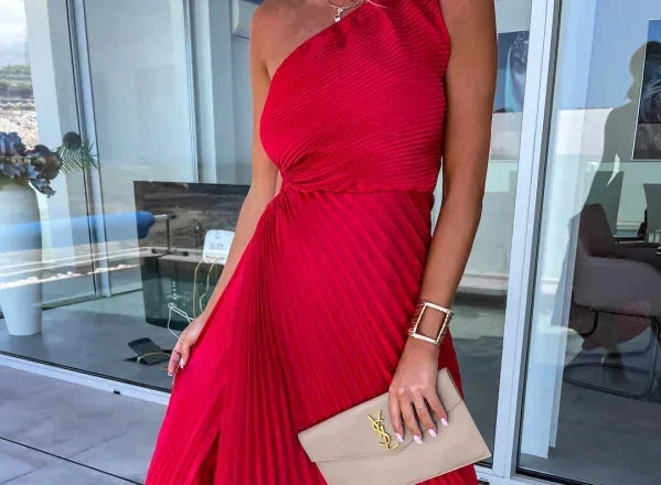 Wedding Guest Dress – Red One-Shoulder Pleated Maxi - Red detail
