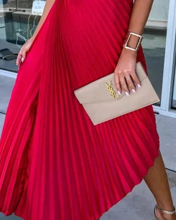Wedding Guest Dress – Red One-Shoulder Pleated Maxi - Red detail