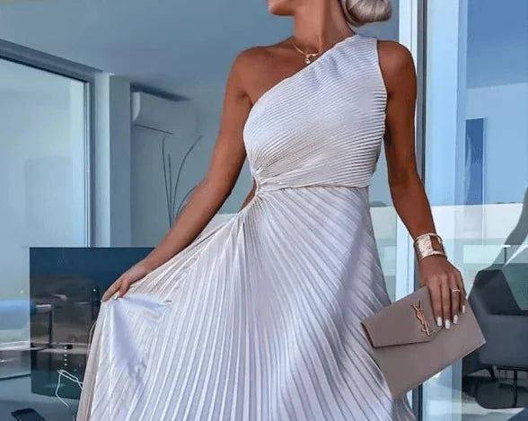 Wedding Guest Dress – Red One-Shoulder Pleated Maxi - White detail