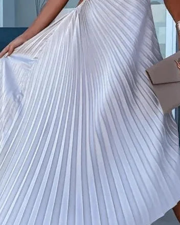 Wedding Guest Dress – Red One-Shoulder Pleated Maxi - White detail