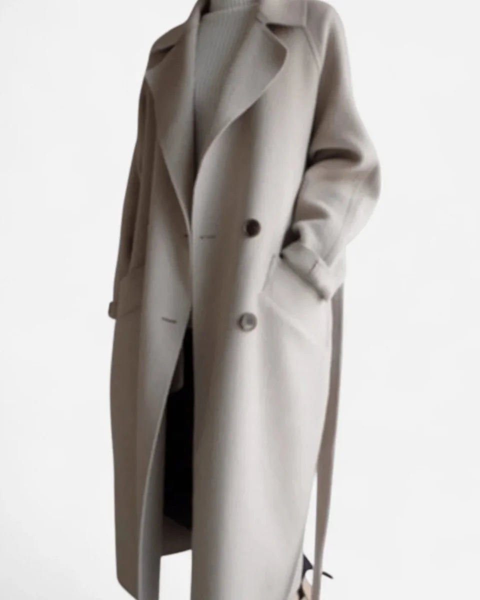 Wool Coat – Black Belted Double-Breasted - Beige detail
