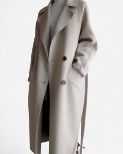 Wool Coat – Black Belted Double-Breasted - Beige detail
