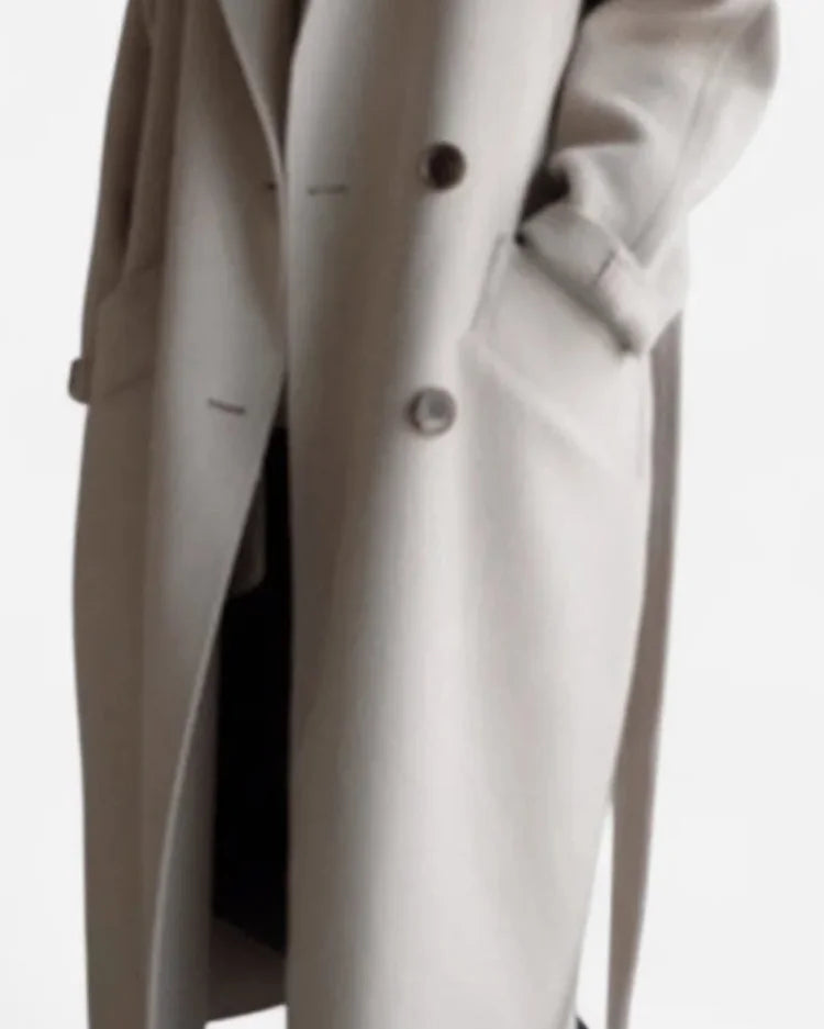 Wool Coat – Black Belted Double-Breasted - Beige detail