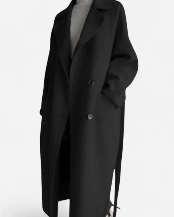 Wool Coat – Black Belted Double-Breasted - Black detail