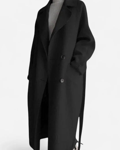 Wool Coat – Black Belted Double-Breasted - Black detail