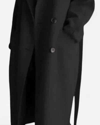 Wool Coat – Black Belted Double-Breasted - Black detail