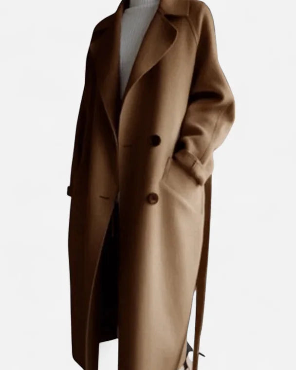 Wool Coat – Black Belted Double-Breasted - Brown detail