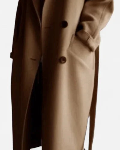 Wool Coat – Black Belted Double-Breasted - Brown detail