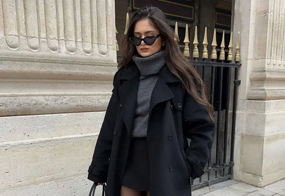Wool Coat – Brown Belted Longline - Black detail