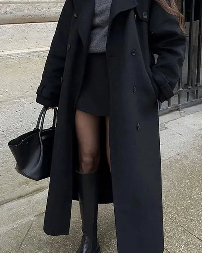 Wool Coat – Brown Belted Longline - Black detail