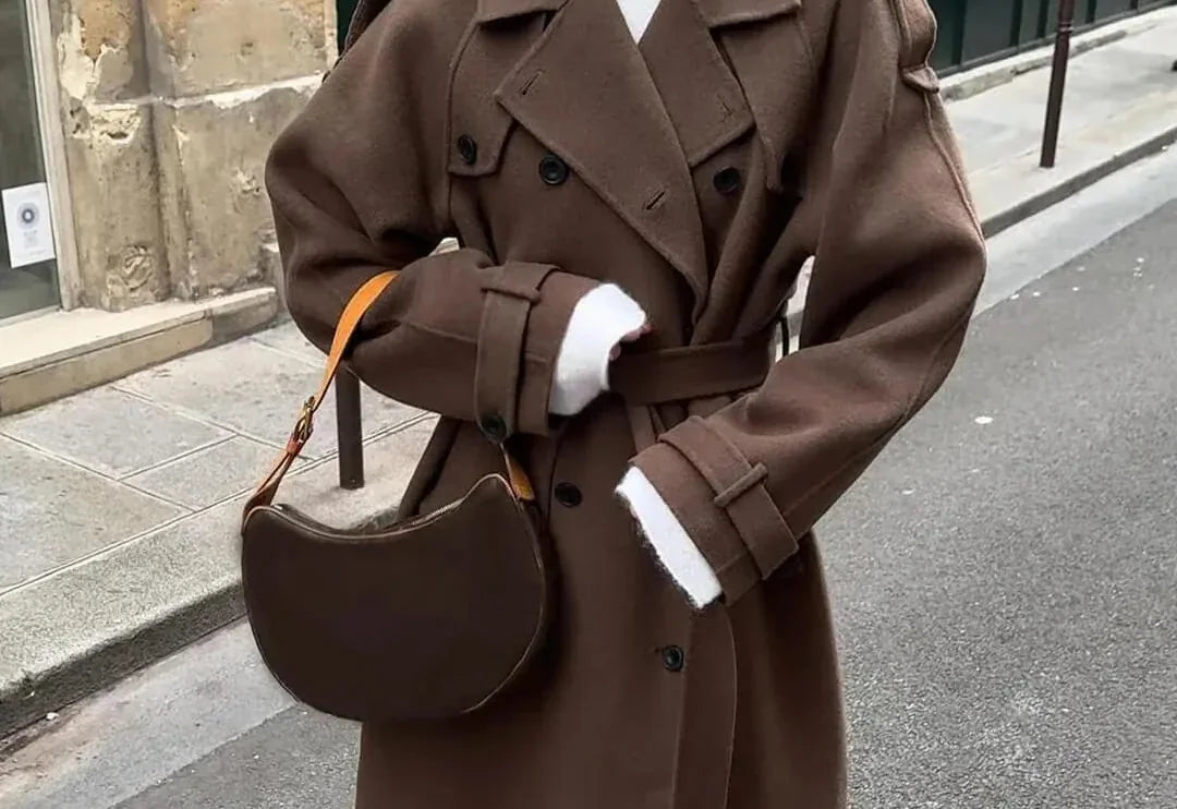 Wool Coat – Brown Belted Longline - Brown detail