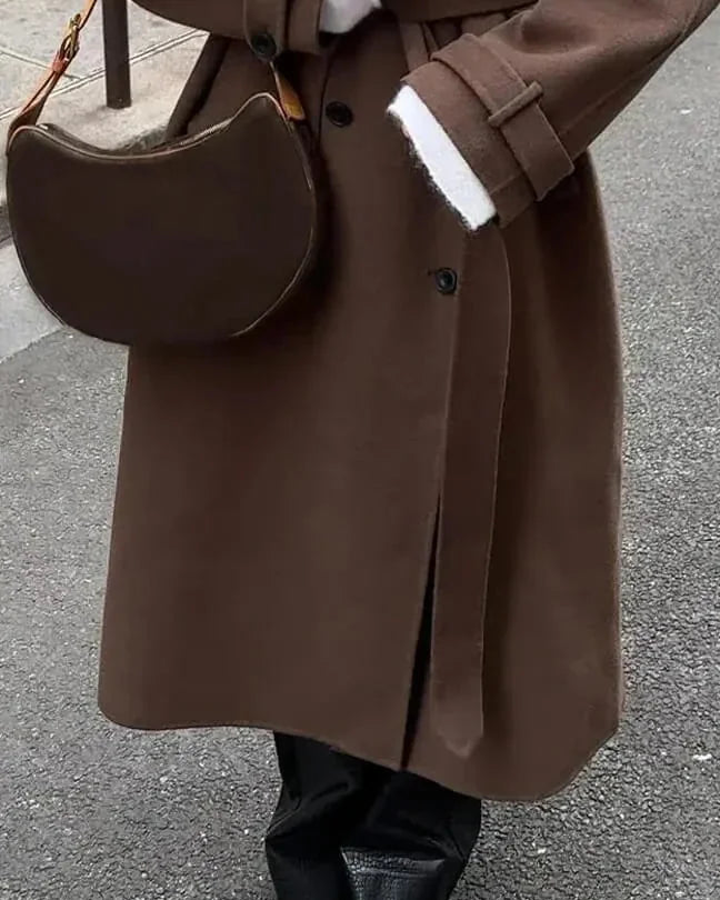 Wool Coat – Brown Belted Longline - Brown detail