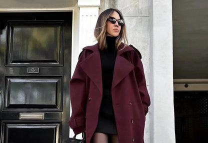 Wool Coat – Brown Belted Longline - Burgundy detail