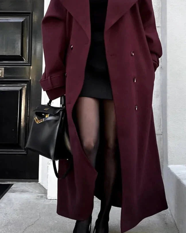 Wool Coat – Brown Belted Longline - Burgundy detail