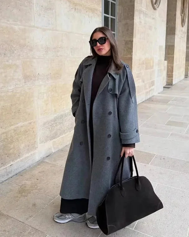 Wool Coat – Brown Belted Longline - Grey detail