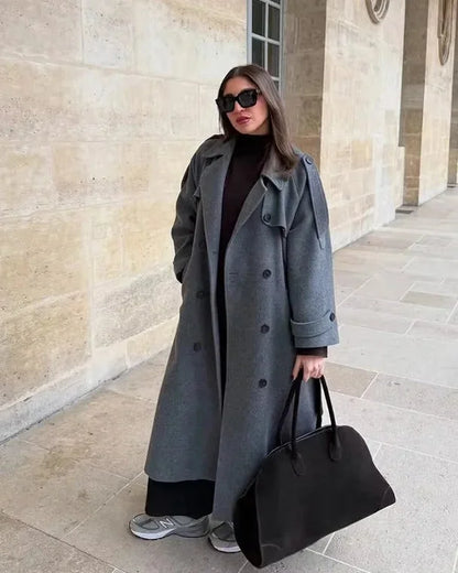 Wool Coat – Brown Belted Longline - Grey detail