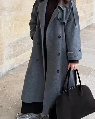 Wool Coat – Brown Belted Longline - Grey detail
