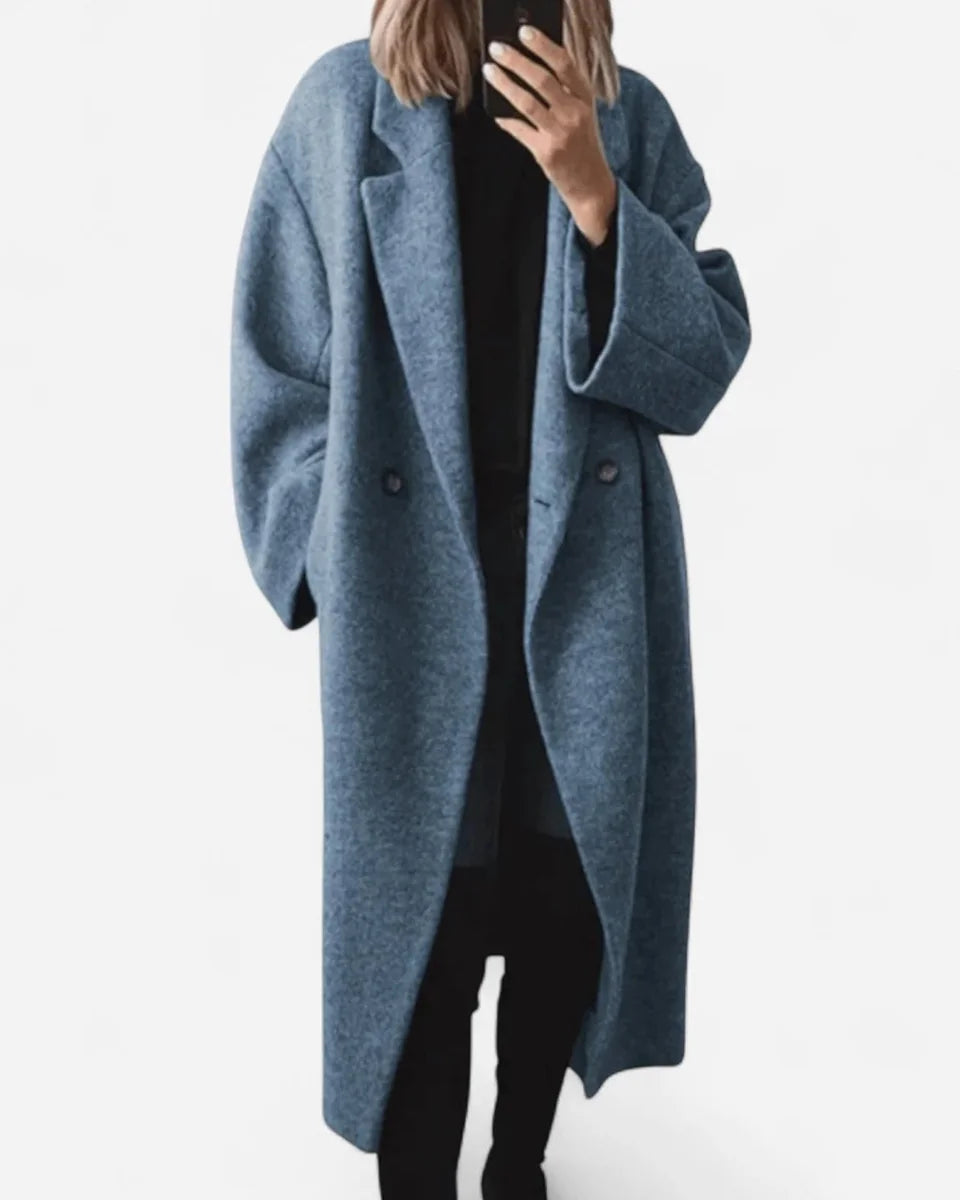 Wool Coat – Grey Oversized Longline - Blue detail