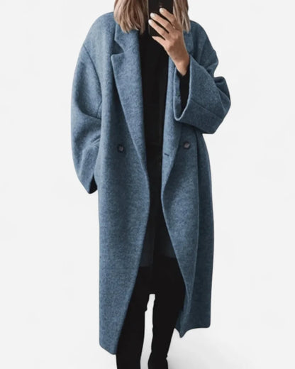 Wool Coat – Grey Oversized Longline - Blue detail