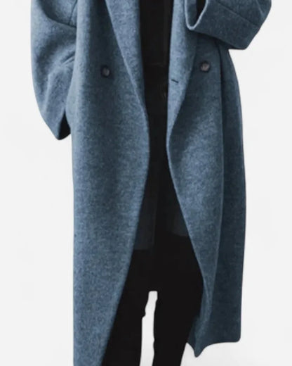 Wool Coat – Grey Oversized Longline - Blue detail