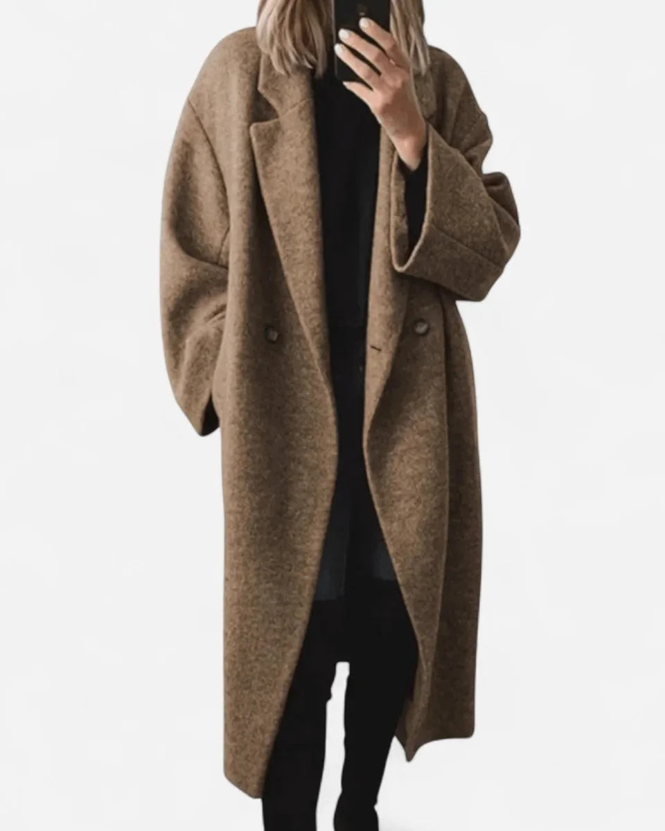 Wool Coat – Grey Oversized Longline - Brown detail