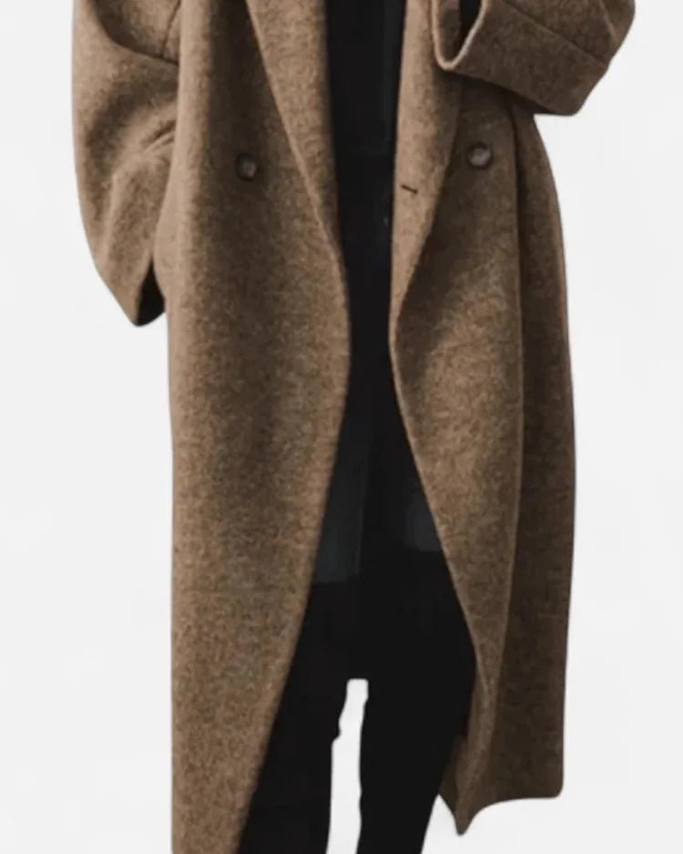 Wool Coat – Grey Oversized Longline - Brown detail